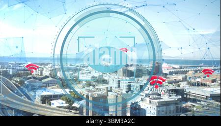 Displaying eye icon in concentric circles hovering over coastal city, with mesh and WiFi symbols. Technology, connectivity, digital, urban, infrastruc Stock Photo