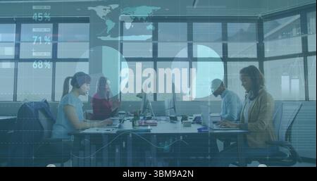 Collaborating group of professionals analyzing metrics at office table with laptops and overlays. Collaboration, teamwork, analytics, productivity, mo Stock Photo
