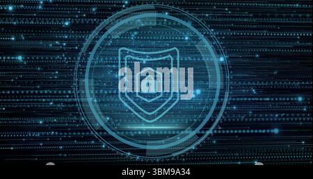 Displaying glowing shield emblem flashing in data network, with padlock icon and binary streams. Cybersecurity, data protection, digital security, cyb Stock Photo