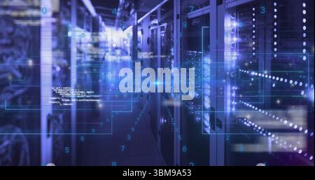 Displaying server racks streaming data in server room corridor, with circuit overlays. Technology, data, cybersecurity, digital, futuristic, network, Stock Photo
