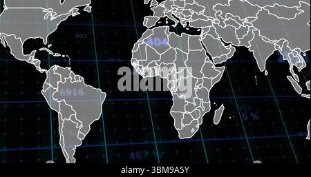 Displaying stylized world map outline hovering over dark grid dashboard, with numeric data floating. Geography, data visualization, analytics, futuris Stock Photo