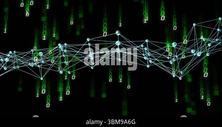 Floating network shimmering in dark cyberspace, with blue nodes and green binary digits. Technology, connectivity, digital, innovation, futuristic, da Stock Photo