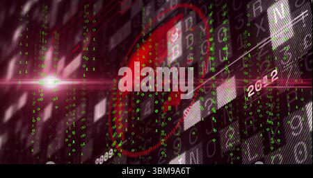 Red circular reticle scanning grid panels in interface, with green binaries and diagonal streaks. Futuristic, technology, cybersecurity, data, digital Stock Photo