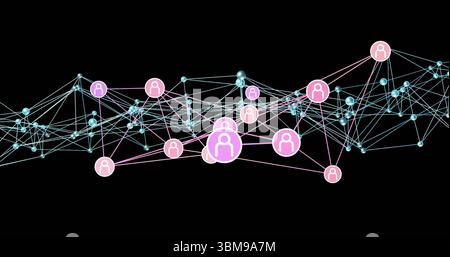 Displaying largest pink-purple user-avatar icon linking cyan nodes in network with light-blue lines. Digital, technology, connectivity, futuristic, in Stock Photo
