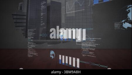 Projecting holographic data in dark room, with 3D building, floating code, charts and world map Stock Photo