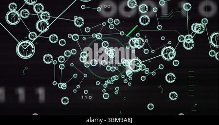Displaying circular user icons and glowing lines with concentric rings on HUD interface. Cyberspace, connectivity, technology, futuristic, digital, in Stock Photo