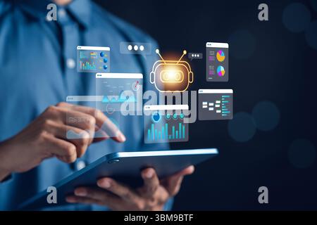 Businessman using AI technology and robotic automation on digital tablet with analytics dashboards. Concept of artificial intelligence, machine learni Stock Photo