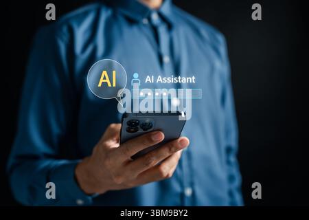 AI chatbot assistant technology on smartphone. Smart communication tool for digital interaction, virtual conversation, and automated customer support Stock Photo