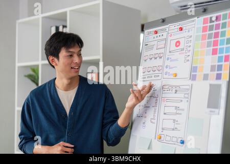 UI Concept Presentation. A designer explains wireframes and user interface prototypes to team members. Stock Photo