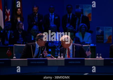 June 25, 2025, The Hague, South Holland, Netherlands: US President DONALD TRUMP speaks with Prime Minister of the United Kingdom KEIR STARMER. On June 25, 2025, leaders and representatives from all 32 NATO countries gathered at the World Forum in The Hague, the Netherlands to participate in the NATO Summit. Topics of concern this year were the conflicts in the Middle East, Ukraine, yearly member-state contributions, and broader topics of deterrence and defense, cyber security, and collective defense under Article 5 of the North Atlantic Treaty. (Credit Image: © James Petermeier/ZUMA Press Wire Stock Photo