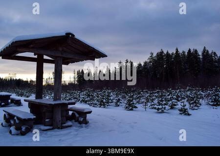 Snow-Covered Wooden Picnic Table in Winter Landscape Stock Photo