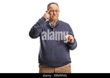 Mature man suffering from headache isolated on white background Stock Photo