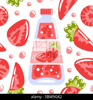A seamless pattern showcasing strawberry soda in glass bottles, adorned with vibrant strawberry pieces. This lively design captures the essence of sum Stock Vector