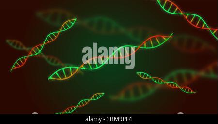 Displaying central glowing DNA helix floating in lab graphic design, with green and red models. Futuristic, molecular, scientific, innovation, technol Stock Photo