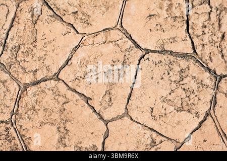 Dry cracked soil. Drought in natural landscape. Environmental problem and global warming symbol. Texture of arid earth. Climate change concept. Stock Photo