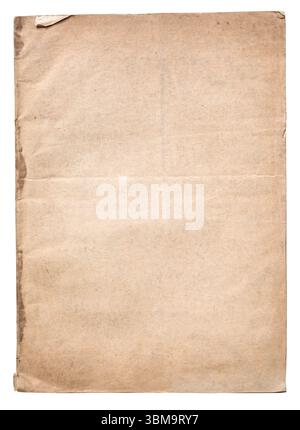 Folded sheet of old blank paper with stained edges on transparent background, providing copy space for vintage or antique design projects Stock Photo