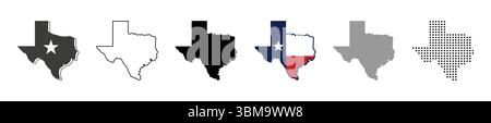 Texas map vector icon set. Silhouette, states, regions, outline, flag, flat, dotted styles. Vector illustration Stock Vector