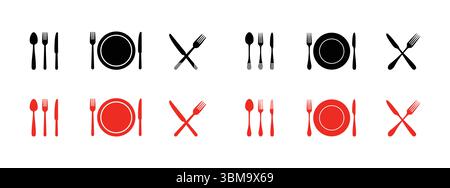 Fork, knife, plate and spoon. Menu symbol. Restaurant icon. Food, plate, fork, knife, spoon, cutlery icon set. Vector Stock Vector