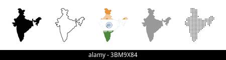 India map vector icon set. Silhouette, states, regions, outline, flag, flat, dotted styles. Vector illustration Stock Vector
