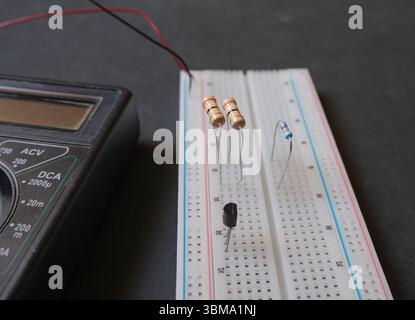 Electronic components on the a solderless breadboard. Stock Photo
