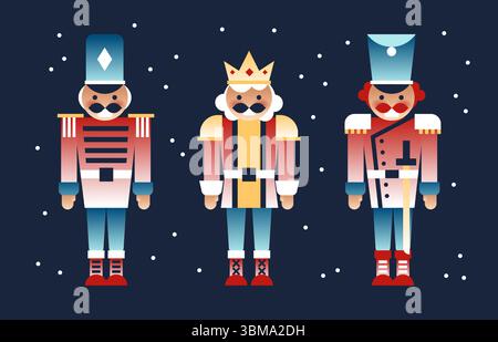 Colorful nutcracker soldiers and king on dark blue background with snowflakes - festive Christmas characters wearing traditional uniforms, crown and tall hats. Holiday wooden fairy tale toy figurines Stock Vector