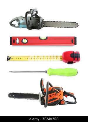 Chainsaws and other tools isolated on white, collage Stock Photo