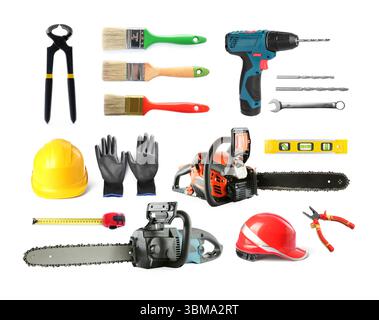 Chainsaws and other equipment on white background, set Stock Photo