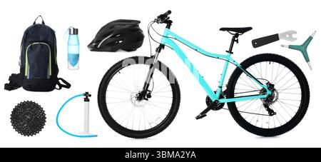 Bicycle, its parts and accessories on white background, collage Stock Photo