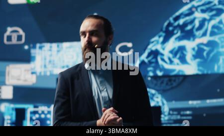 IT engineer hosting public speaking event to present new AI tech tools, showcasing neural networks brain system for automation. Businessman speaker gives pitch for deep learning. Camera A. Stock Photo