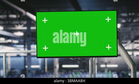 Industrial platform workstation in automated data center displaying deep learning code on green screen monitor. Server hub chroma key PC running AI models monitoring operational stability Stock Photo