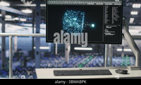 Industrial platform workstation in automated data center displaying machine learning code on monitor. Server farm systems running AI models monitoring operational stability and algorithm efficiency Stock Photo