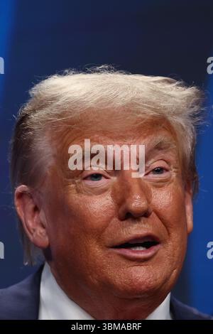The Hague, Netherlands. June 25, 2025. President of the USA Donald Trump during the press conference at the NATO Summit. Stock Photo