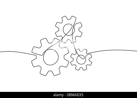 Continuous one line drawing of machine gear. One line drawing illustration of gear wheel. Gear technology concept single line. Editable outline Stock Vector
