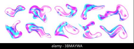 3D liquid abstract shapes with chrome and holographic effect. Iridescent blobs, splashes and doodles in Y2K style. Floating geometric forms with neon glow, gradient texture and fluid motion. Stock Vector