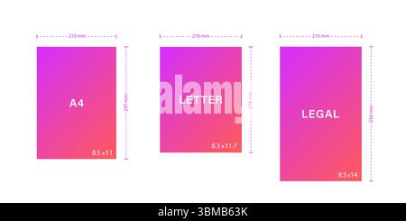 Legal Yellow Paper size. Notebook sheet formats. Legal, letter, A4. Comparison of papers isolated on white background. Vector illustration in flat Stock Vector