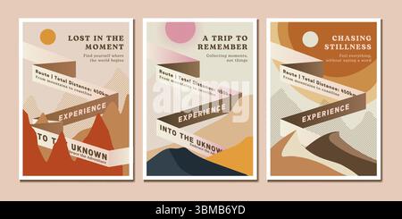 A collection of abstract, earthy-tone travel posters promoting adventure, exploration, and stillness with modern minimalist design. Stock Vector