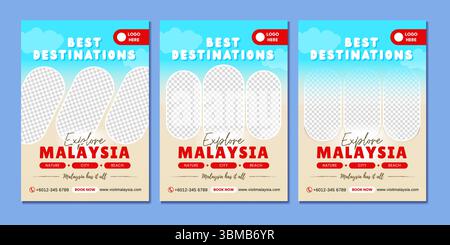 Editable travel posters promoting Malaysia’s best destinations with photo frames for nature, city, and beach—perfect for tourism ads and social media. Stock Vector