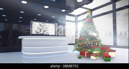 Flat design office lobby is featuring illuminated reception desk, Christmas tree and wrapped gifts Stock Photo