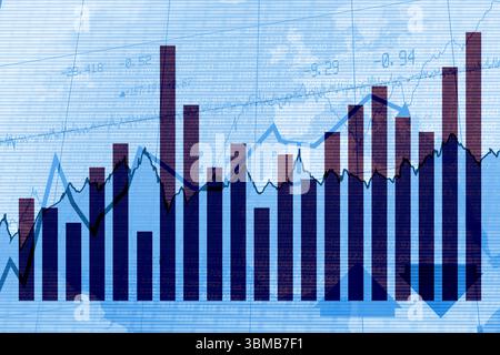 Displaying dark blue and red bars with black, light blue lines on dashboard grid numeric overlay Stock Photo