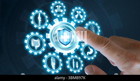 Human finger selecting a medical icon on a digital interface surrounded by glowing health-related icons. Concept of smart healthcare system, innovatio Stock Photo