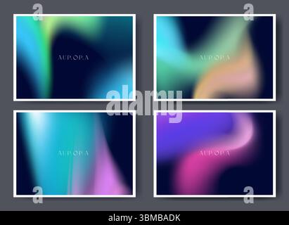 Aurora gradient background set with flowing blue cyan lights - northern lights effect blending turquoise into deep navy and purple, smooth transitions, white frames with color waves for modern poster Stock Vector
