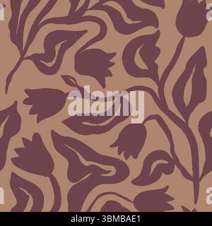 Brush strokes inky flowers brown seamless pattern Stock Vector