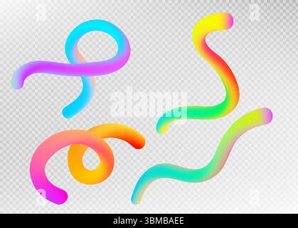 Rainbow gradient ribbon shapes floating on transparent bg - colorful geometric curves and swirls with vibrant spectrum transitions for modern design. Abstract flowing elements with smooth hues blends Stock Vector