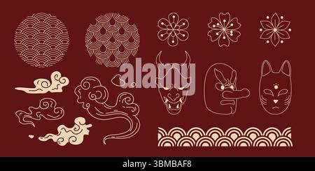 Golden Japan Asia elements on red bg- wave patterns, cloud swirls, demon masks, cherry blossoms and traditional motifs for oriental design. Line art set of seigaiha scales, sakura flowers, oni faces Stock Vector