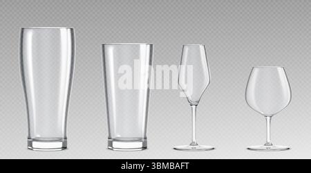 Empty glass collection on transparent bg. Clear drinking vessels - tall tumblers, champagne flute and wine cup with stems for beverage service. Crystal glassware set in different shapes and sizes. Stock Vector