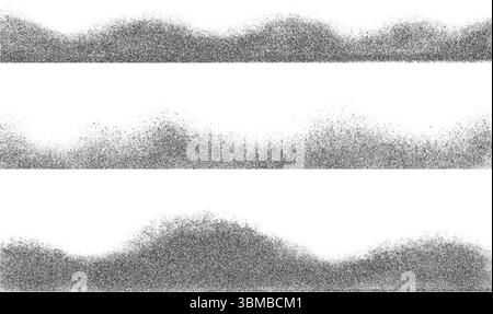 Noisy gradient wavy border. Dotted stipple vector effect. Grunge halftone spray gradation. Dusty mountains landscapes on white background. Stock Vector