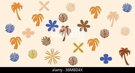 Tropical Palm Tree Floral Seamless Pattern Background Boho Organic Summer Pattern. Abstract Beach Hand Drawn Background. Stock Vector