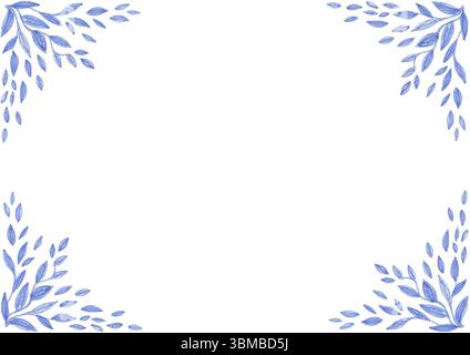 Frame. In each corner of the background there are patterns consisting of leaves of different sizes. Blue color. Drawing with colored pencils. White co Stock Photo