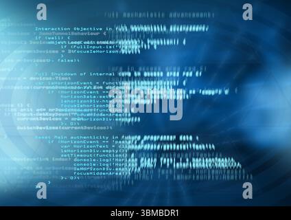 Floating white, light blue code dancing over blue gradient waves with light flares in digital art Stock Photo