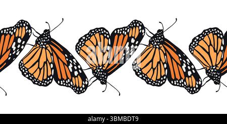 Horizontal stripe pattern with hand drawn orange monarch butterflies Stock Vector